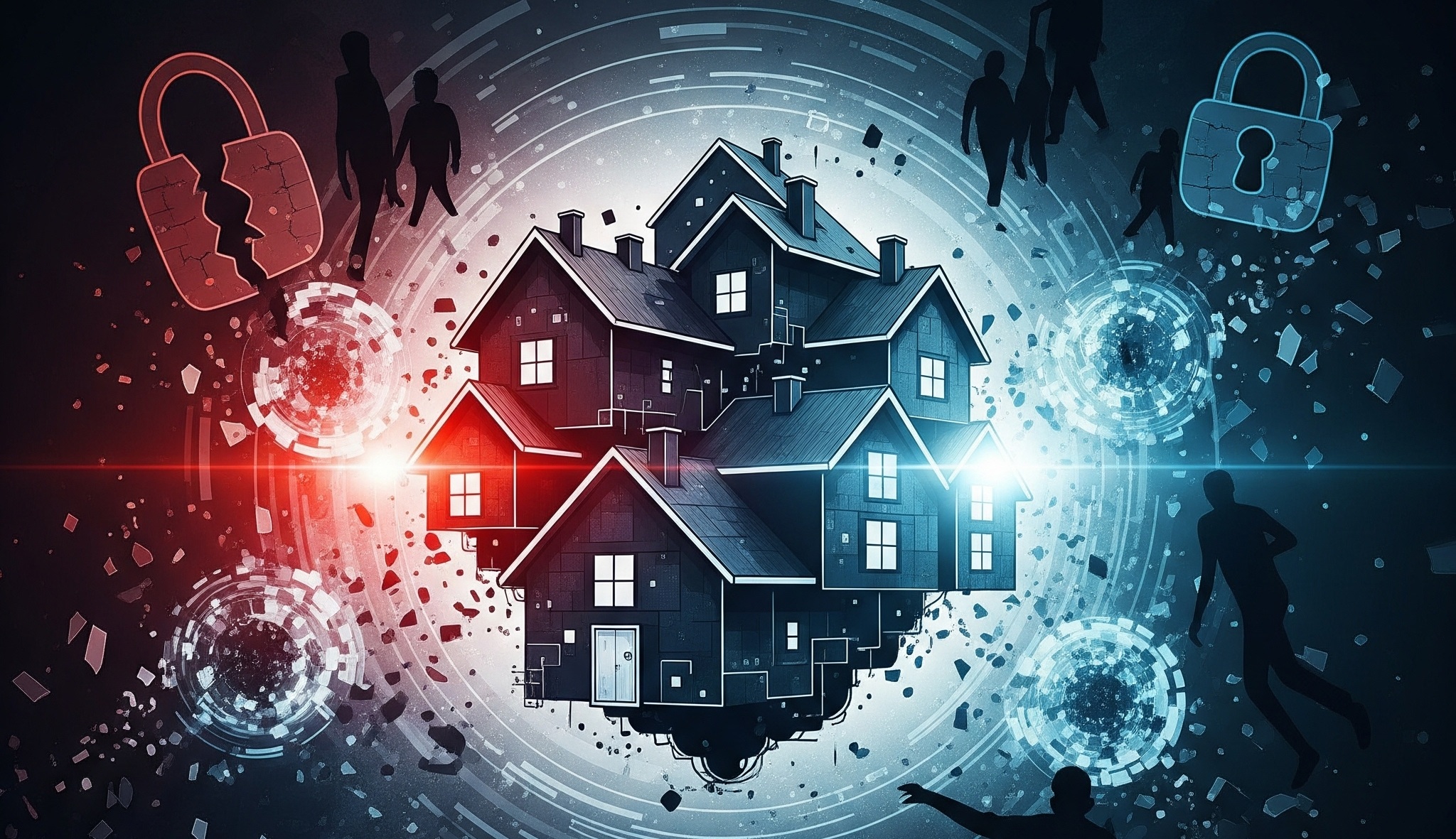 Houses with pcs and networks surrounding them to represent housing associations being connected to the internet
